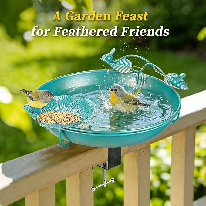 Mellbree Bird Bath Deck Mounted 12", Balcony Fence Railing Clamp Birdbath with Perch & Feeder Bowl Metal Lake Blue with Gold Gilding, Detachable Multi-Functional Balcony Railing Bird Bath