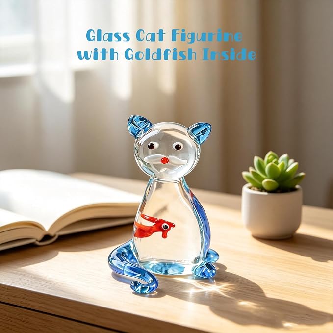 Hand Blown Glass Cat Figurine with Goldfish Inside, Mini Art Glass Cat Statue Ornament, Cute Handmade Crystal Animal Collectible Figurines for Home Desktop Decor, Birthday Gift for Cat Lovers (Cat)
