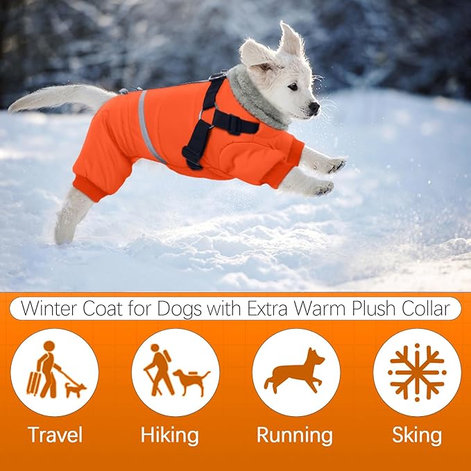 BRKURLEG Small Dog Winter Coat with Harness Built in, Orange Winter Dogs Jackets, Fullbody Dog Coat, Dogs Snowsuits Reflective Windproof Cold Weather Coats, Pet Warm Fleece Coats, XXL