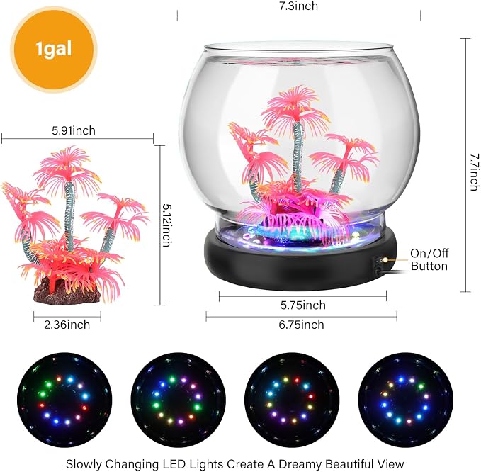 hygger 0.5 Gallon/1 Gallon Glass Fish Bowl with LED Light and Decor, Small Round Betta Fish Tank Goldfish Bowl, Round Clear Unbreakable Aquarium/Vase/Hydroponic Plant Terrarium, Nice Centerpieces