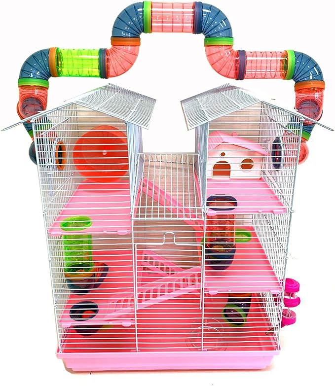Pink 5-Floors Large Twin Tower Syrian Hamster Rodent Gerbil Mouse Mice Rat Cage with Crossover Tube Tunnel
