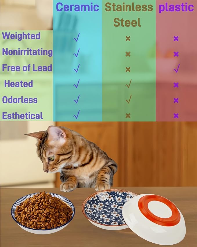 3 Pack Non-Slip Cat Bowl, No Spill Ceramic Cat Food Bowls, 5.5" Whisker Friendly Cats Dish Set for Indoor Cats, Shallow Wide Kitten Dishes for Food, Boho Kitten Bowls with Silicone Bottom