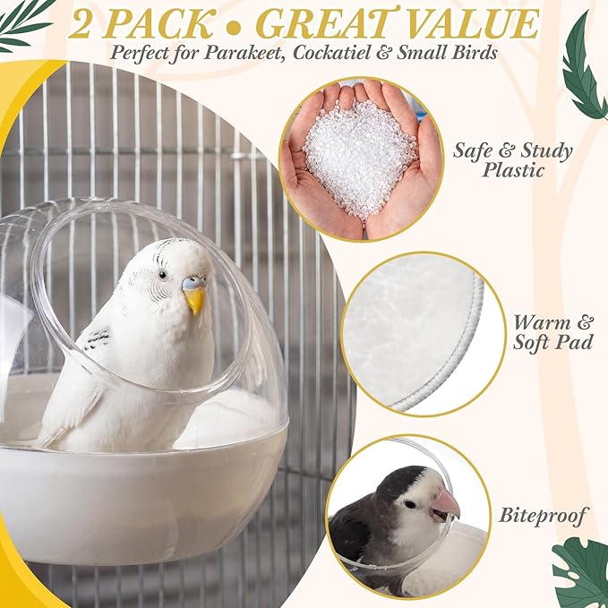 Novabright 2 Pack Clear Bird Nest for Cage Washable Transparent Parakeet House with 2 Cozy Pads Bite Resistant Bed Breeding Box Sleeping Hanging Hut Parrot Budgie Lovebird Cockatiel Canary Finch