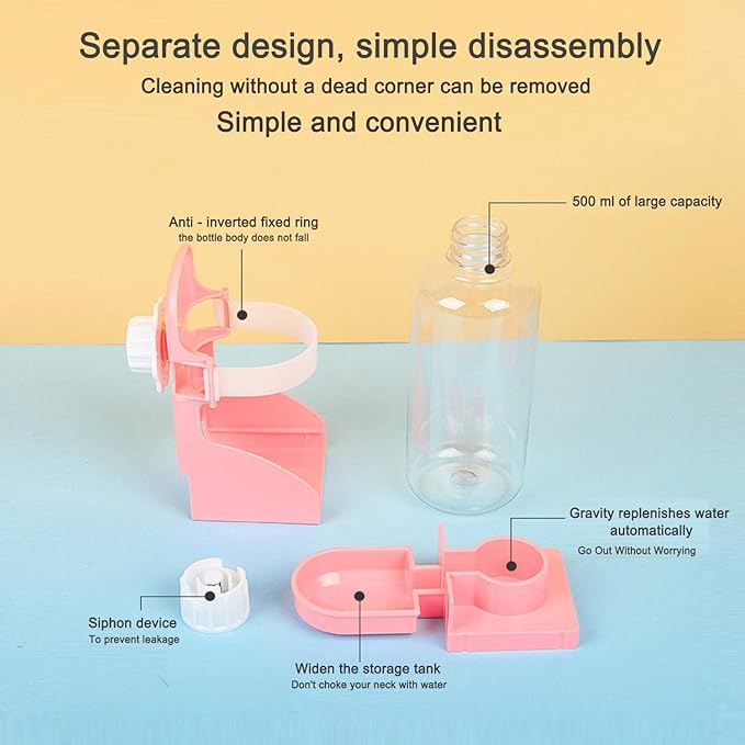 HERCOCCI Rabbit Hay Food Bin Feeder and Bunny Water Bottle Set, Hay Food Feeder Bowls Manger Rack with 500ml Hanging Water Dispenser Prevent Knock Over for Rabbit Guinea Pig Chinchilla (Large, Pink)