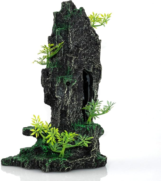 Aquarium Mountain View Stone Ornament, Large Resin Hideout Cave for Betta & Shrimp, Fish Tank Decor Rock Cave with Fish Cave and Hideouts (7.87" x 4.33" x 13.98")