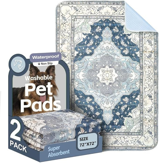 Washable Pee Pads for Dogs, 2 Pack Reusable Puppy Training Pads 72"x72" Super Absorbent Waterproof Dog Training Pads, Non-Slip Potty Pads, Whelping Pads Litter Mat Navy & Ecru