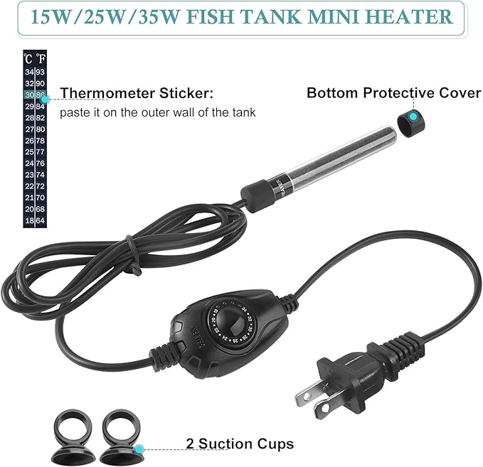 HITOP 25W Super Mini Aquarium Heater: Adjustable Heater for Small Fish Tank 2-6Gallons, with External Controller, Betta Heater for Fish Bowls (25W)