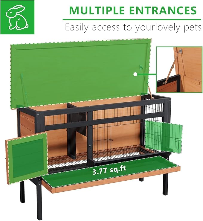 Elevated Guinea Pig Cage, Wooden Rabbit Hutch with Pull-Out Tray for Easy Cleaning, Waterproof Roof Small Animal House Indoor/Outdoor with Metal Mesh Base, for Bunny, Hamster, Quail (Orange/Black)