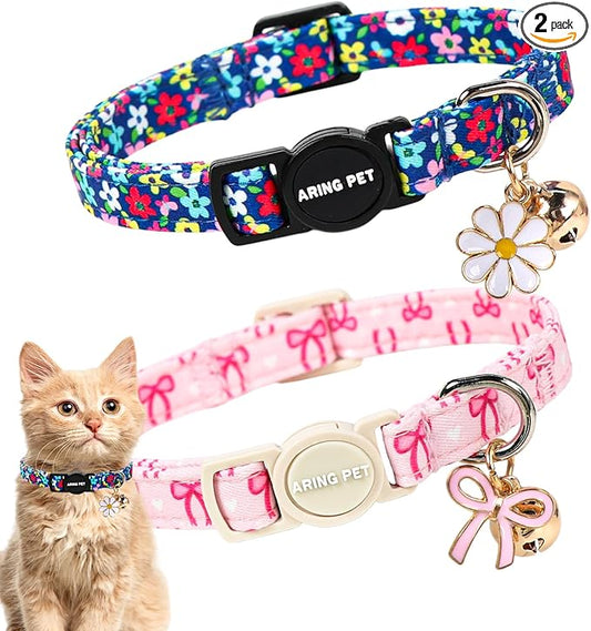 ARING PET 2 Pack Cat Collars with Bell, Cute Soft Cotton Kitten Kitty Breakaway Spring Summer Cat Collars for Boy Girl Cats-Pink Bow & Blue Floral