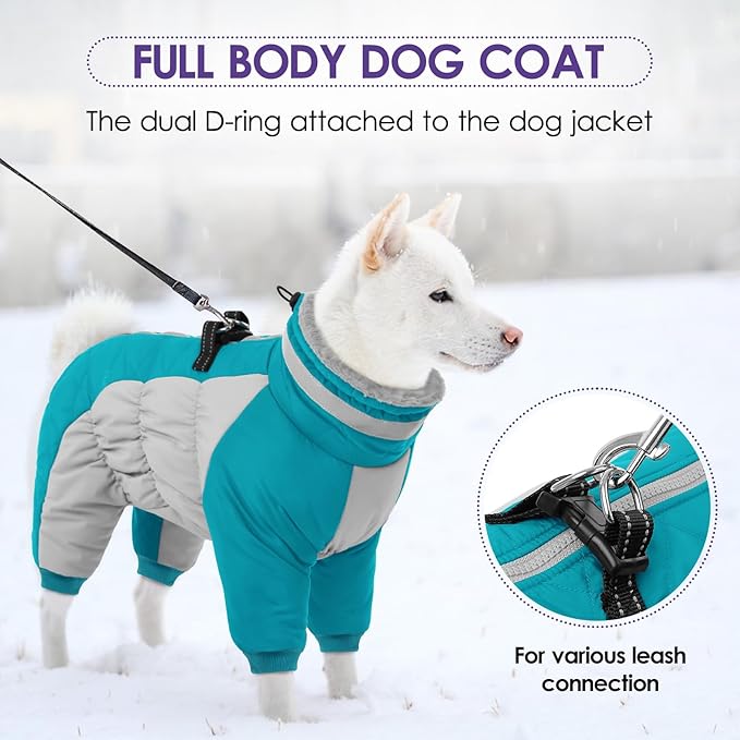 Full Body Dog Coat - Warm Fleece Jacket for Medium Dogs, Turtleneck Winter Coats with Harness, Reflective Dog Snowsuit Windproof Puffer Jackets with Legs for Boston Terrier, Turquoise M
