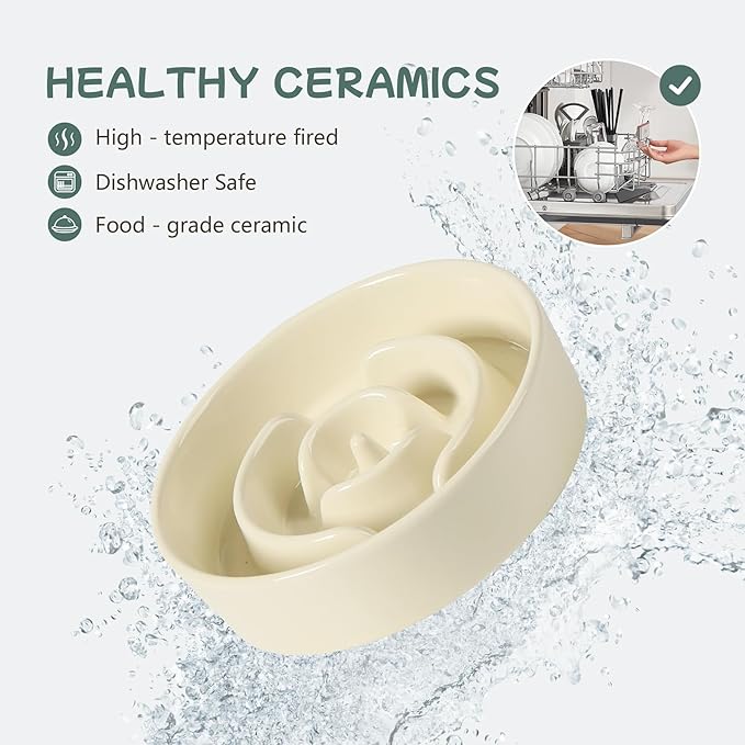 Havniva Ceramic 0.9 Cup Raised Dog Slow Feeder Set, Elevated Bowl with Wooden Stand for Small Dog and Cat, 6.1inch Puzzle Slow Dog Food Dish, Anti-Gulping(Light Yellow, Single Bowl+ Stand)