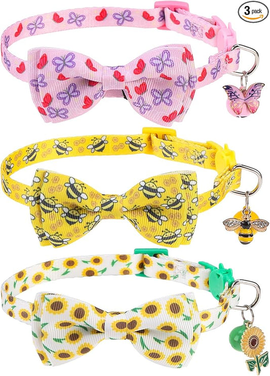 Breakaway Cat Collar with Removable Bow Tie and Bell, Cute Multi-Style Patterns, 3 Pack Safety Buckle Kitten Collars, Adjustable Pet Collar for Cats Puppy (Style B - Nature)