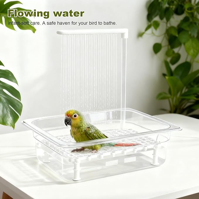 Bird Bath Tub with USB Pump, Automatic Bird Shower with Transparent Acrylic Basin, Transparent Acrylic Basin & Mesh Perch for Parakeets, Cockatiels, Conures, Budgies