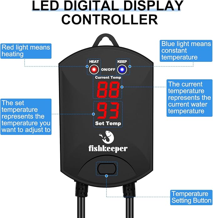 fishkeeper Aquarium Heater, 500W Fish Tank Heater for 66-132 Gallon | Adjustable Digital Display Controller, Submersible Water Heater with Thermostat Overheat & Dry-Boil Protection