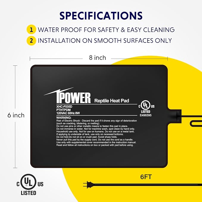 iPower Reptile Heat Pad 6X8 Inch 8W Under Tank Terrarium Warmer Heating Mat for Turtle, Lizard, Frog, Snake, Reptile, and Other Small Animals