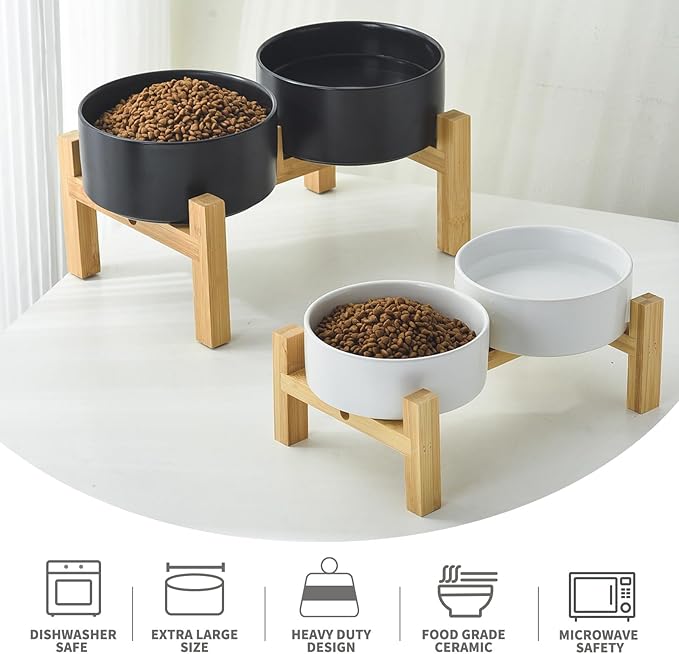 Ceramic Set of 2 Dog and Cat Bowls - Classic Food & Water Bowl for Kitty, Cats and Toy Breed Dogs, Weighted Dog Dishes, Food Grade Pet Bowl, Dishwasher & Microwave Safe (5.1'', 2*16OZ, Black)