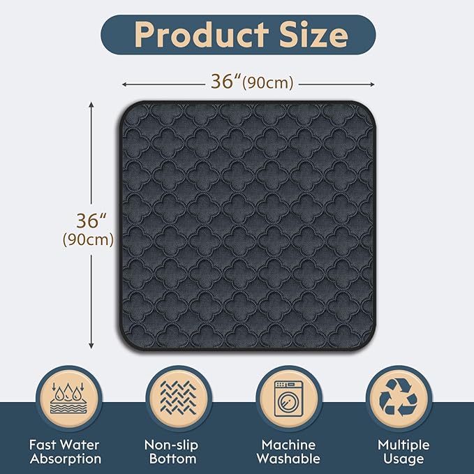 FunFurry Washable Dog Pee Pads - 2 Pack Reusable, Waterproof Puppy Pads, Super Absorbent with Dog Paw Shape Non-Slip Backing (Dark Grey, 36" X 36")