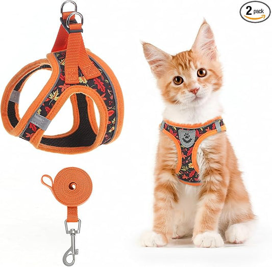 SCENEREAL Fall Thanksgiving Cat Harness and Leash Set Escape Proof, Soft Mesh Kitten Harness for Walking Travel, Reflective Adjustable Pet Vest with Leaf Print for Cat Puppy, S