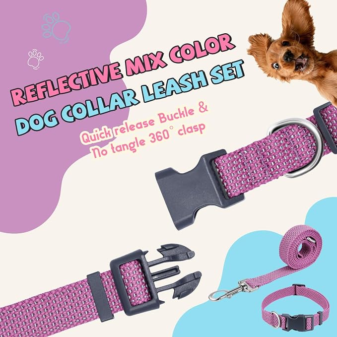 Reflective Dog Collar and Leash Set, Nylon Dog Leash with Heavy-Duty Steel D-Ring, Adjustable with Quick Release Buckle for Medium Dogs, Purple M