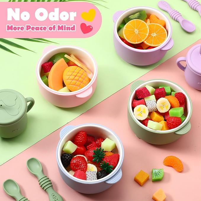 Domensi 4 Sets Kids Porcelain Bowls with Suction Sleeves Toddler Suction Bowl Upgrade Durable Microwave Dishwasher Safe Cereal Soup Snack Dishes for Baby Children Feeding Supplies (Macaron Colors)