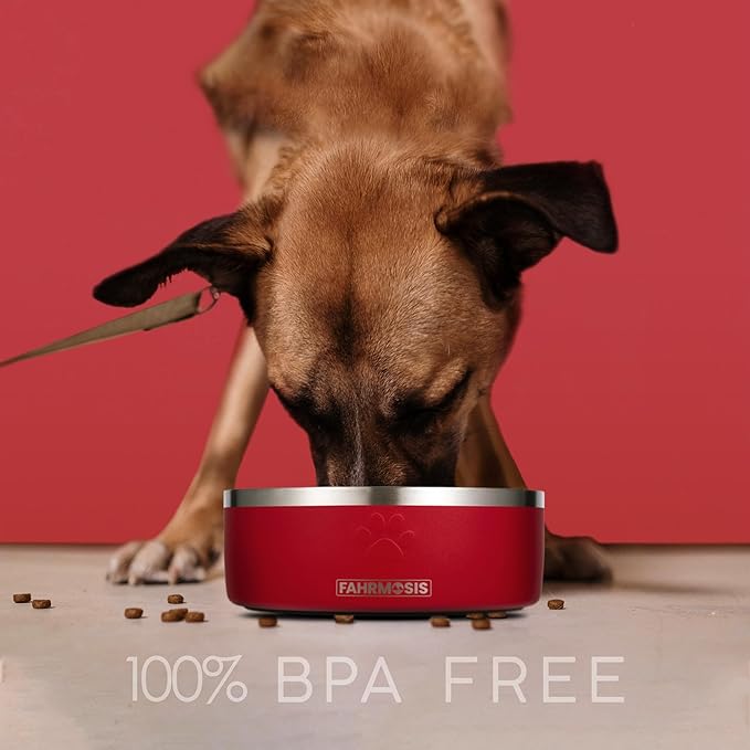 FAHRMOSIS 32 Oz Dog Bowl with Slow Feeder Insert Stainless Steel Pet Water Bowl for Medium & Large Breed Non Slip Rubber Base & Plastic Puzzle Feeder - Red