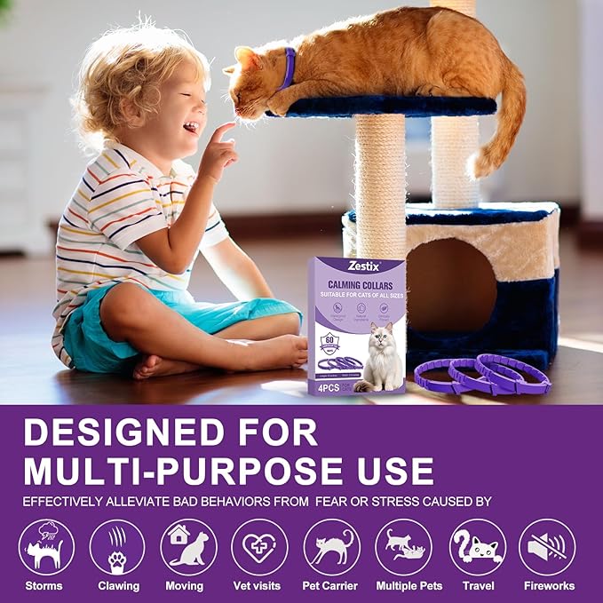 Cat Calming Collar with Pheromone & Lavender, Adjustable Waterproof Design, 30-Day Anxiety Relief, 4-Pack for Multi-Cat Stress & Travel