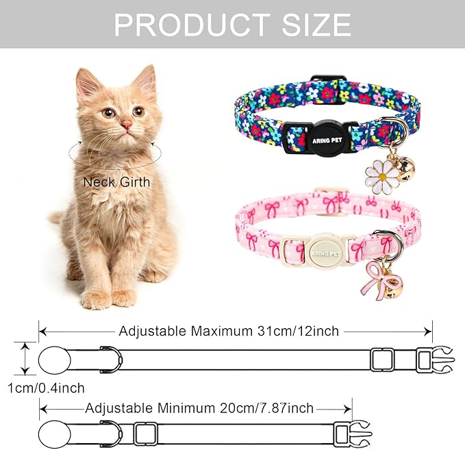 ARING PET 2 Pack Cat Collars with Bell, Cute Soft Cotton Kitten Kitty Breakaway Spring Summer Cat Collars for Boy Girl Cats-Pink Bow & Blue Floral
