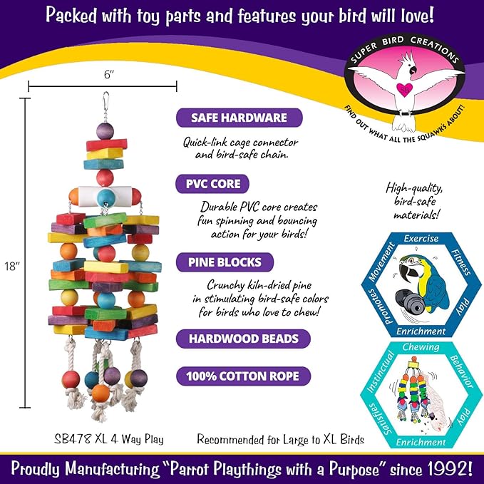 Super Bird Creations - SB478 XL 4 Way Play Bird Toy - Colorful Wooden Blocks, Ringing Bell, and Bird Swing - Perfect Chew Toys for Macaws Parrots & Amazons - Ideal for Large to Extra Large Birds