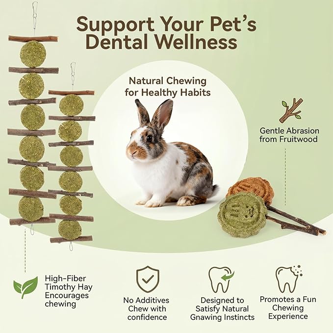 MAQIHAN Rabbit Chew Toys for Teeth -Bunny Treats for Dental Grinding Natural Apple Wood Sticks Timothy Hay Cake Lollipop Enrichment for Rabbit Cage Chinchilla Toys Guinea Pig Gerbil Rat Cage 4PCS