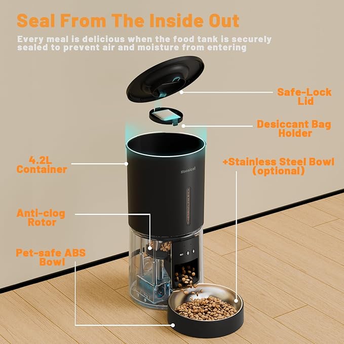 Miaosical Automatic Cat Feeder,2.4G WiFi Timed Auto Cat Food Dispenser with 10s Voice Recorder,Dual Power Supply,4.2L Auto Cats Feeder(Black, 4.2L WiFi Single Bowl)