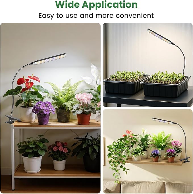Kullsinss Clip-on Plant Lights for Indoor Growing, 57 LEDs 10W Grow Light | Full Spectrum Grow Lamp with Timer & Dimmable, Black Gooseneck Plant Lamp for Seed Starting, Succulents, Seedlings