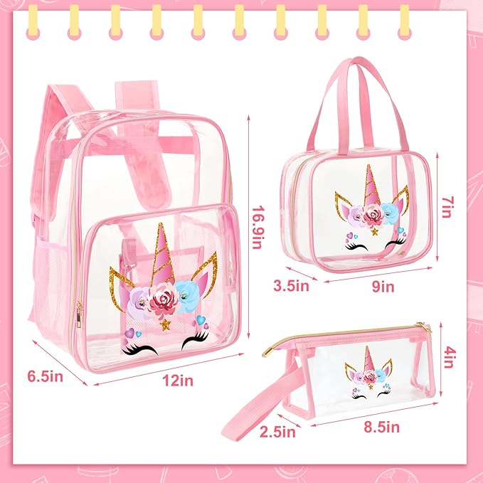 Kacctyen 3 Pcs Clear Backpack Heavy Duty Clear Stadium Bag Transparent Backpack with Lunch Bag(Pink,Unicorn)