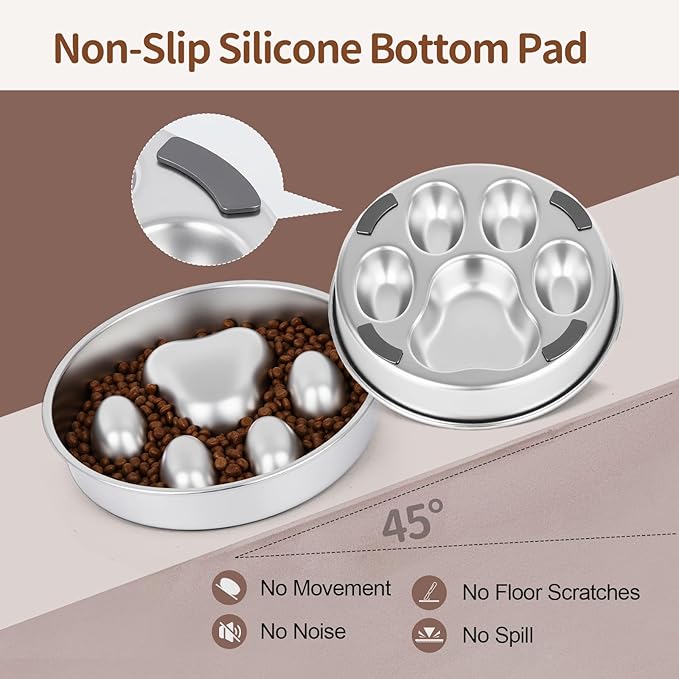 Slow Feeder Dog Bowl for Fast Eating Dogs Stainless Steel 8.2" with Non-Slip Base, Raised Obstacle Slow Down Eating for Small Medium Large Dogs, Reduces Bloat & Indigestion, Dishwasher Safe