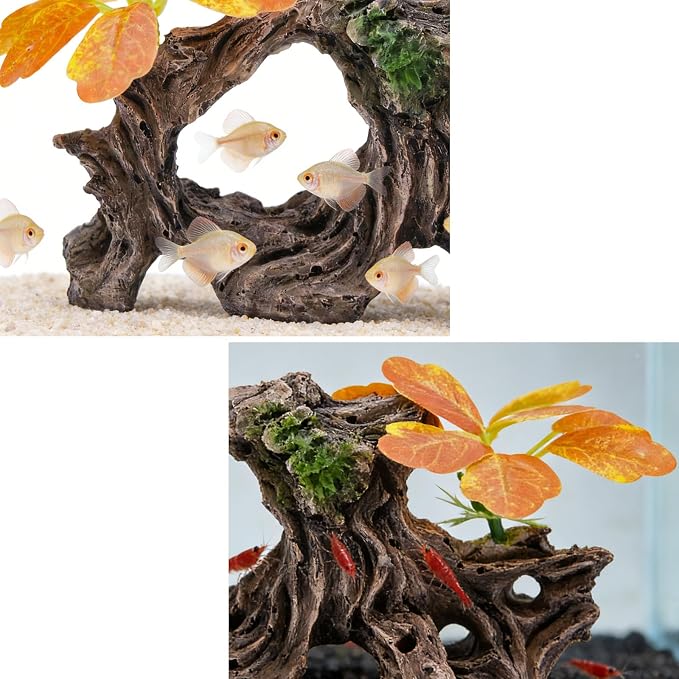 Fish Tank Decoration Aquarium Ornament with Silk Leaf Plants and Artificial Driftwood Cave Hideout Safe for Betta Fish