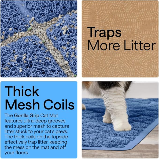 GORILLA GRIP Cat Litter Box Mat, 35x23, Cushioned Coil Mesh Litter Trapping Mats, Scatter Control Supplies for Less Mess, Phthalate Free, Ultra Deep Catch Grooves, Rinse or Vacuum to Clean, Navy Blue