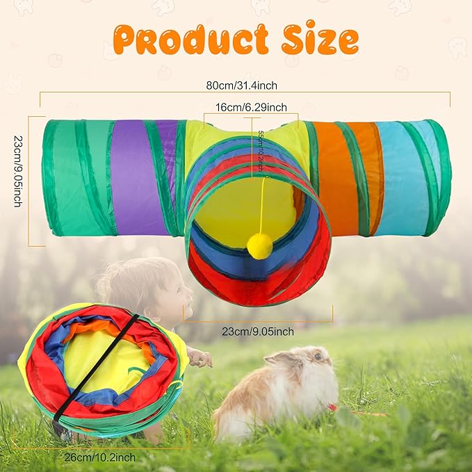 BWOGUE Bunny Tunnels & Tubes Collapsible 3 Way Bunnys Hideout Small Animal Activity Tunnel Toys for Dwarf Rabbits Guinea Pigs Kitty