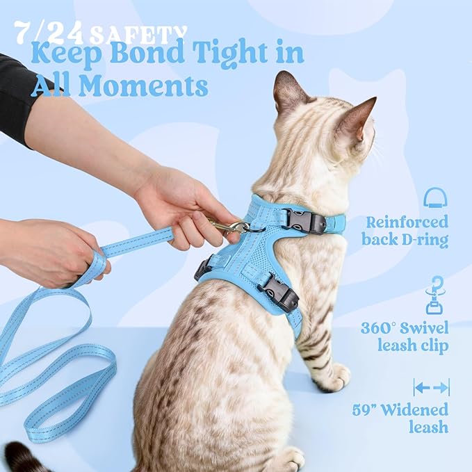 rabbitgoo Cat Harness and Leash, Escape Proof Vest with 3 Adjustable Buckles, Soft Comfortable Kitten Harness, Easy to Wear, Reflective for Safe Outdoor Walking, XS, Sky Blue