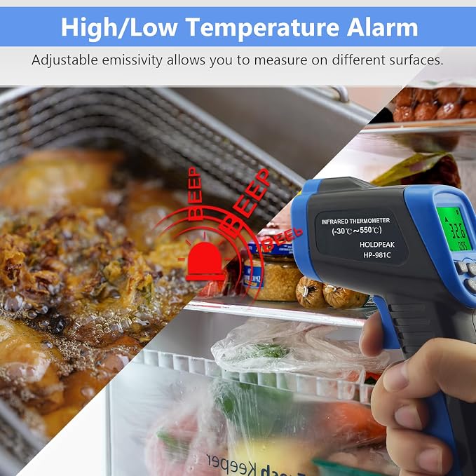 HOLDPEAK 981C Digital Laser Infrared Thermometer Non Contact, IR Heat Temperature Gun Instant-Read -58 to 1022℉ (-50 to 550℃) for Cooking, Grill, Pizza Oven, Griddle, Engine, HVAC, Not for Human