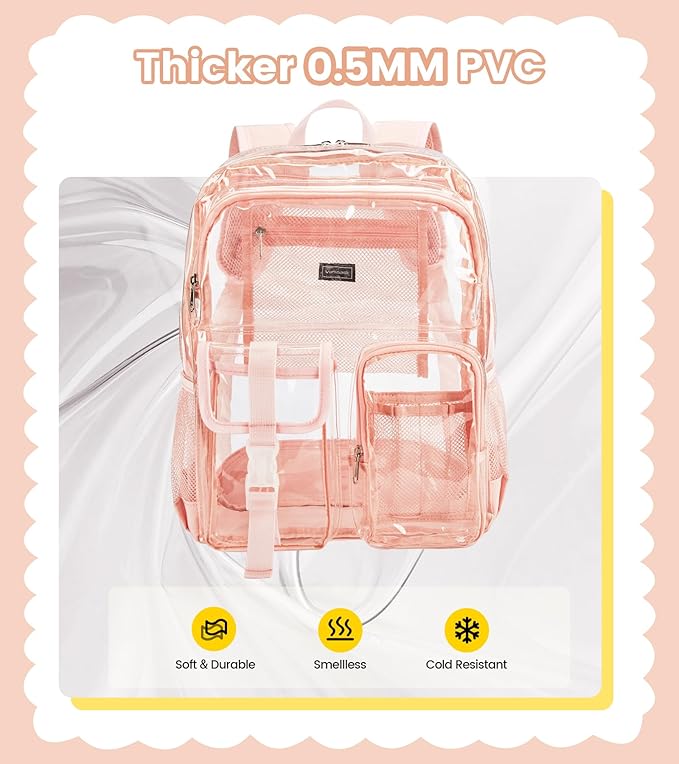 Vorspack Clear Backpack for School - Heavy Duty Transparent Bookbag for Girls Boys Large See Through backpacks for Work, College, Travel - Pink