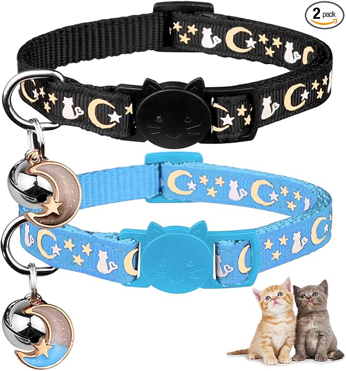 Baeuppit 2PCS Breakaway Cat Collars with Bell Cute Kitty Glow in The Dark Adjustable Kitten Collars with Pendant(Black&Sky Blue)