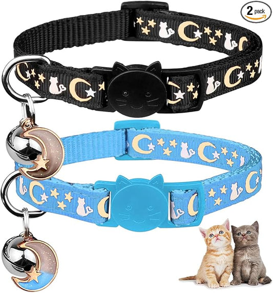 Baeuppit 2PCS Breakaway Cat Collars with Bell Cute Kitty Glow in The Dark Adjustable Kitten Collars with Pendant(Black&Sky Blue)
