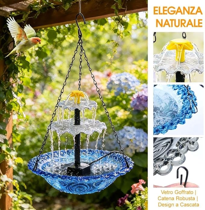 Solar Fountain for Bird Bath，Solar Cascade Hanging Bird Bath Fountain，Large Humming Birds Baths Fountains, with Solars Pump & Glass Bowl, for Outdoor, Gardens (red)