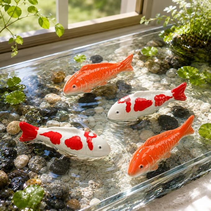 Garneck 4pcs Koi Fish Decor Floating Ceramic: Aquarium Ornaments Figurines for Tank Bowl Pond Desktop Water Feature Garden Pool Red Orange White Statue Accessories Display