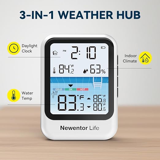 Pool Thermometer Floating Easy Read, Digital IPX8 Swimming Pool Thermometer Wireless, Water Temperature Gauge with Indoor Temperature, Floating Thermostat for Hot Tub/Fish Tank, Grayish White