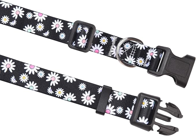 MarukoPet Dog Collar, Adjustable for Small Medium Large Dogs Puppy, Cute Design with Bohemia Floral Tribal Geometric Patterns Boys Girls Dog Collar(Black Daisy-L)