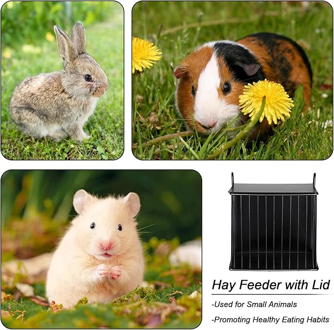 Upgraded Hay Rack for Rabbits, Bunny Feeder for Guinea Pigs Chinchillas, Black, Hanging Hay Feeder with Lid, Bunny Feeding Holder, Metal, Square, Chinchilla Cage Accessories