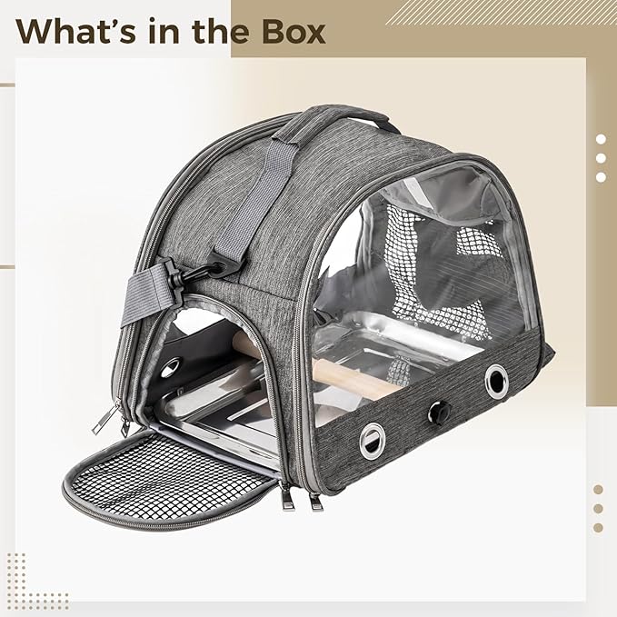 BOSREROY Backpack Pet Carrier, Airline Approved Parrot Transport with Transparent Mesh, Adjustable Shoulder Strap, and Stainless Steel Tray for Smaller Pets