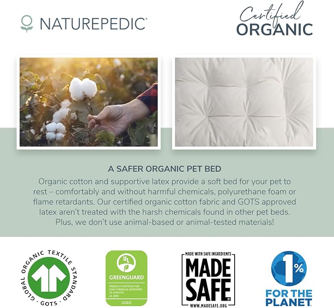 Naturepedic Organic Large Pet Bed - Super Plush Dog & Cat Beds - Ultra Supportive Dog Bed Mat - Ideal Pet Bed with No Polyurethane Foam - 35" x 22" x 4"