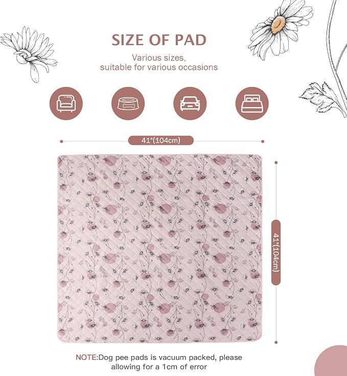 IEUUMLER Washable Pee Pads for Dogs, 2 Pack Non-Slip & Waterproof Pack Whelping Pad, Reusable Washable Puppy Potty Training Pad with Fast Absorbent for Playpen EU007 (Pink Daisy, 41"X41"-2pcs)