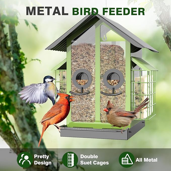 FlowaFoli Bird Feeders for Outdoors, Metal Bird Feeder with Double Suet Cage Weatherproof Metal Roof, 2 in 1 Mixed Seeds Suet Feeder, 4Lbs Large Capacity, Great for Finch、Cardinal、Chickadee（Green）